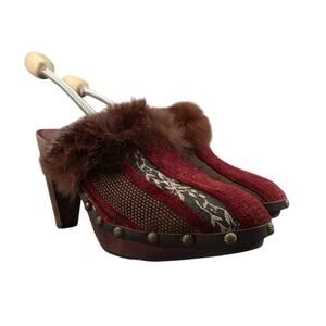 Joey Shoes Womens 8 Mule Slip On Clog Pump Faux Fur Leather Velvet Tapestry Red